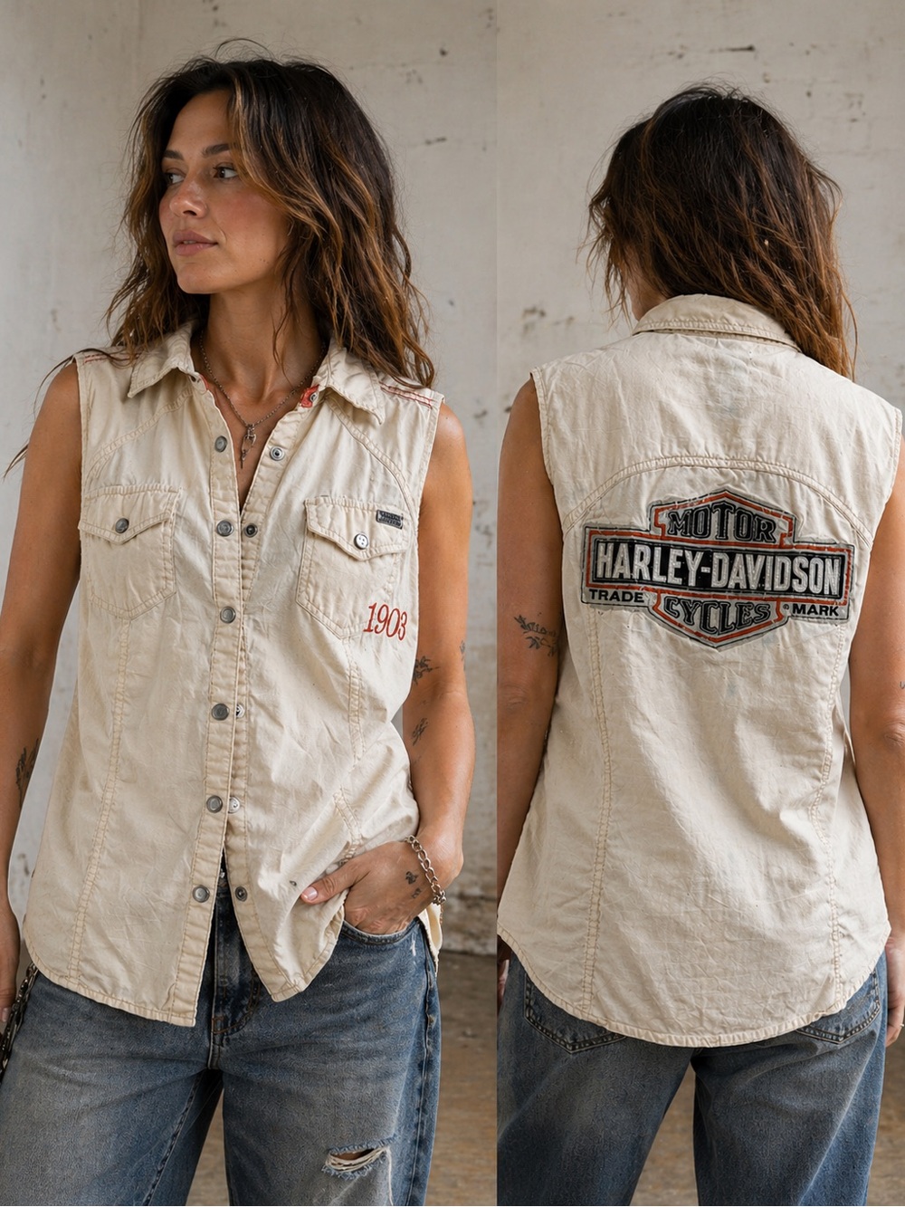 Harley-Davidson Cream Sleeveless Button-Up Work Shirt